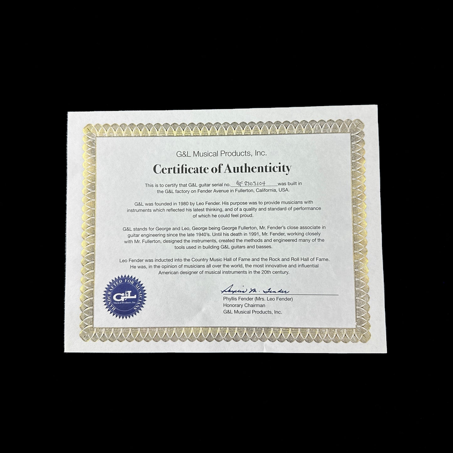 Certificate of authenticity for G&L USA Doheny Tobacco Sunburst.