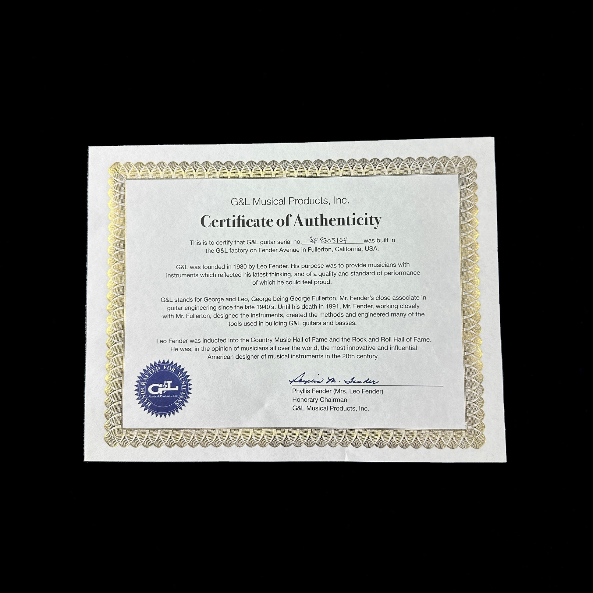 Certificate of authenticity for G&L USA Doheny Tobacco Sunburst.