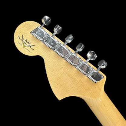 Back of headstock of Fender Custom Shop Limited Edition '69 Strat Journeyman Relic Aged Black.