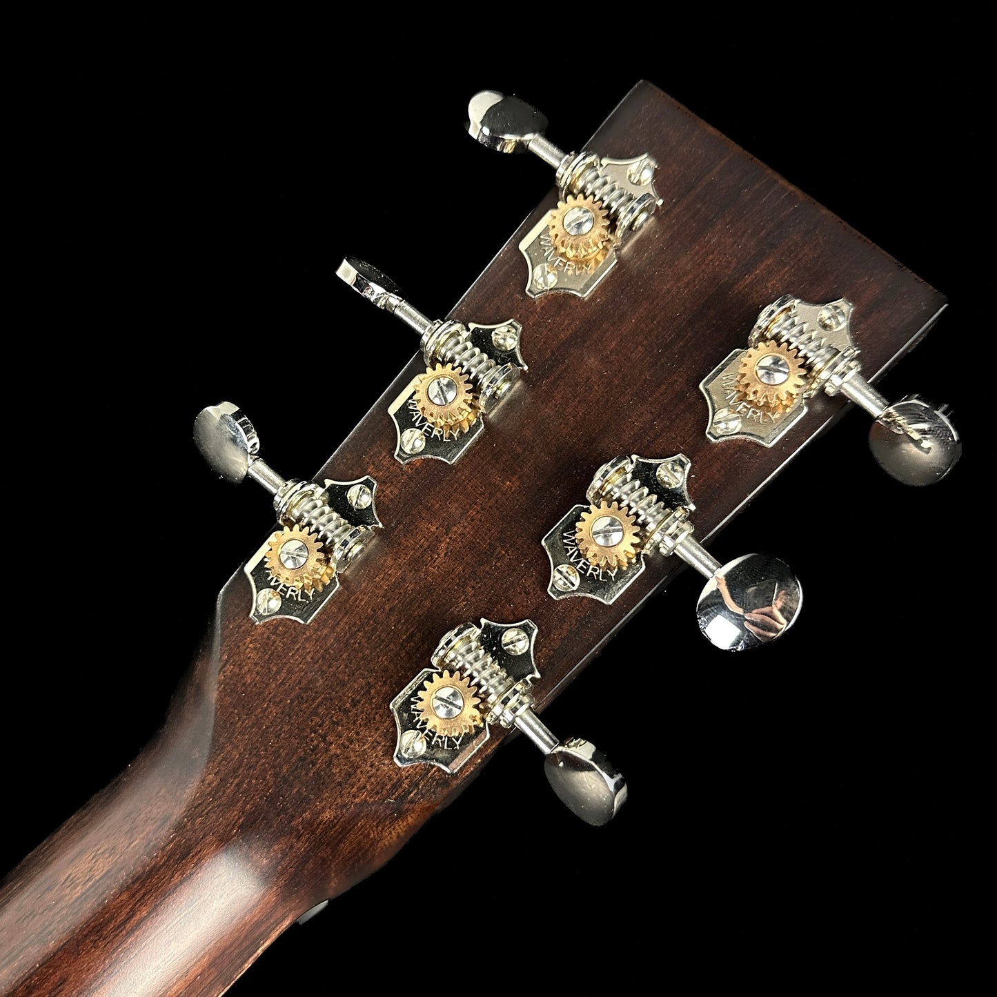 Back of headstock of Huss & Dalton TD-M Custom Thermo Cured Red Spruce/Sinker Mahogany.