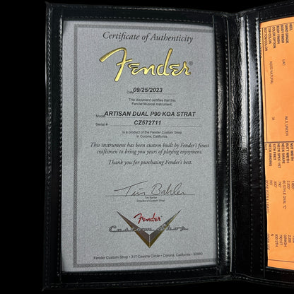 Certificate of authenticity for Fender Custom Shop Artisan Dual P90 Koa Strat NOS RW Aged Natural.