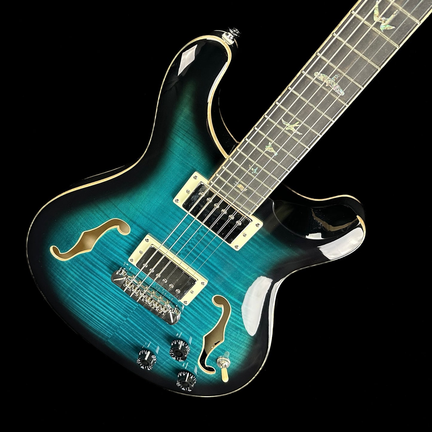 Front angle of Used PRS SE Hollowbody II Piezo Peacock Blue.