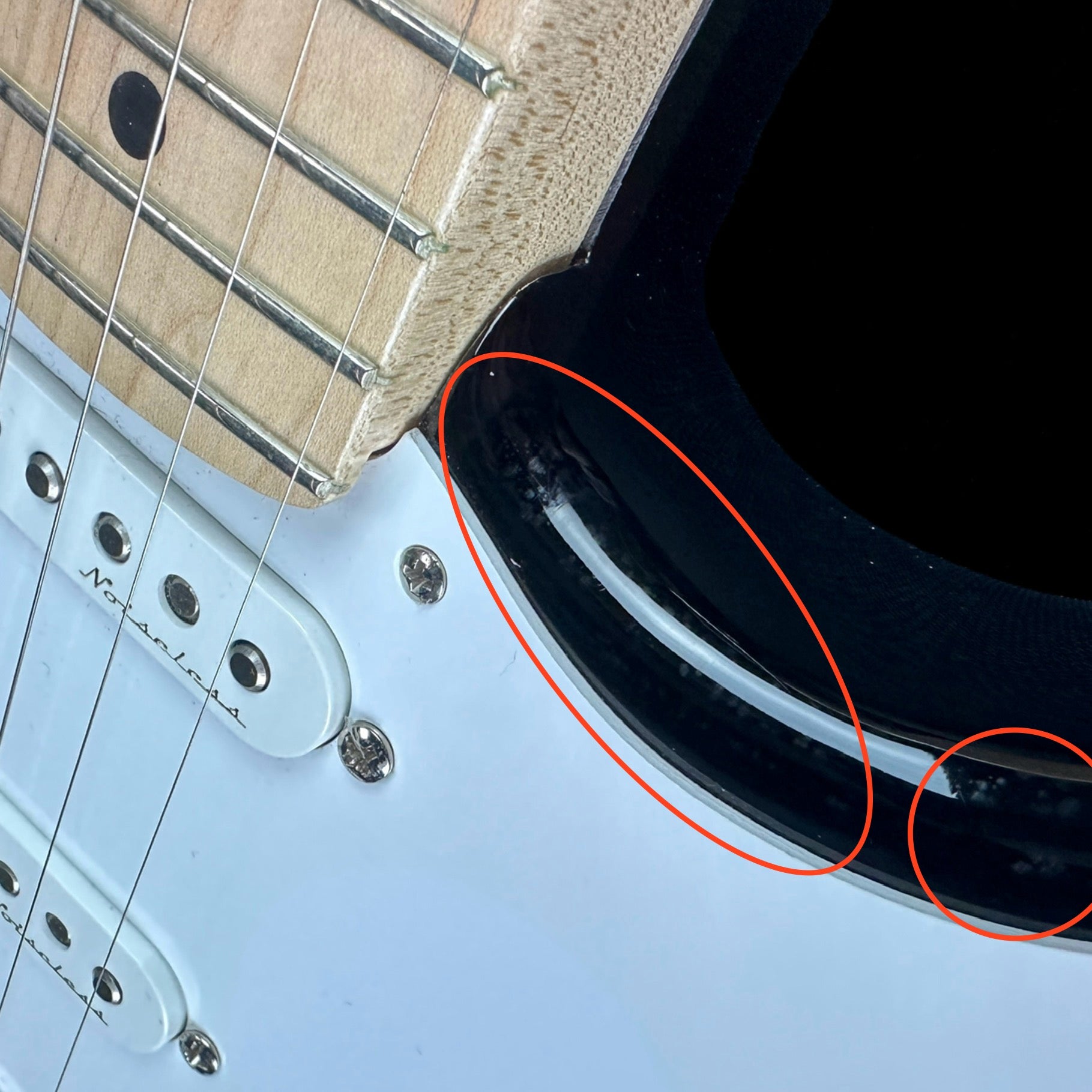 Marks near neck joint of Used Fender Eric Clapton "Blackie" Strat.