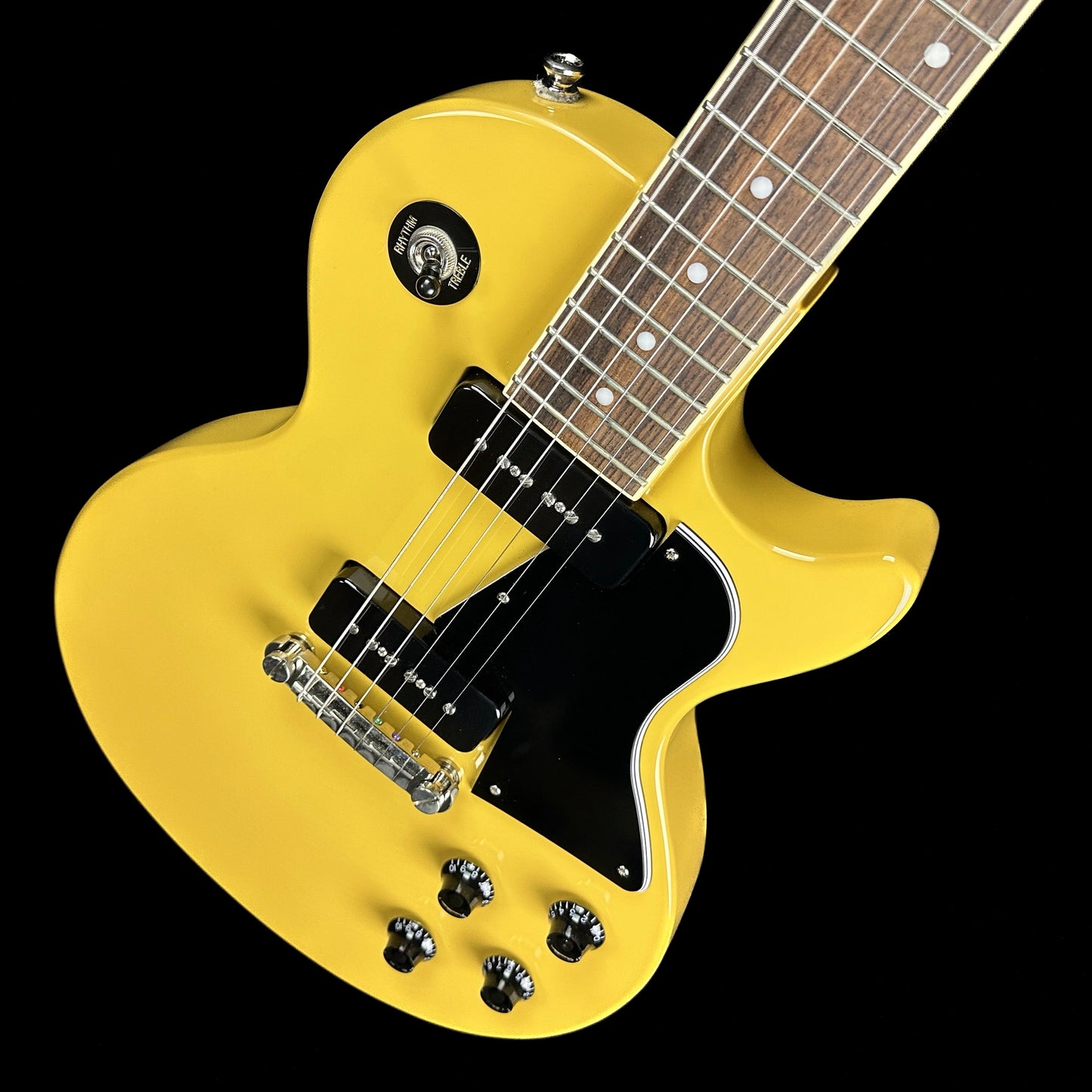 Front angle of Used Epiphone Les Paul Special TV Yellow.