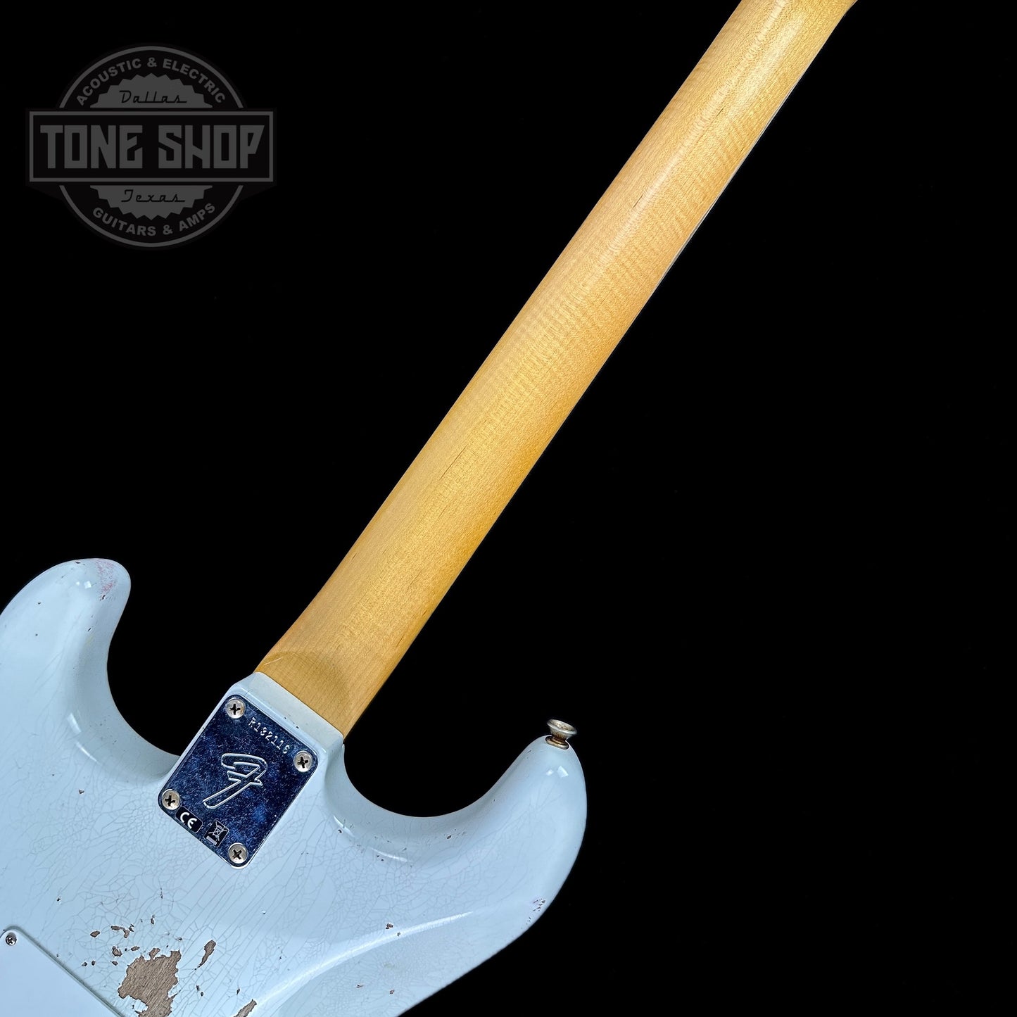 Back of neck of Fender Custom Shop 69 Stratocaster Relic HSS Oly White Reverse Headstock.