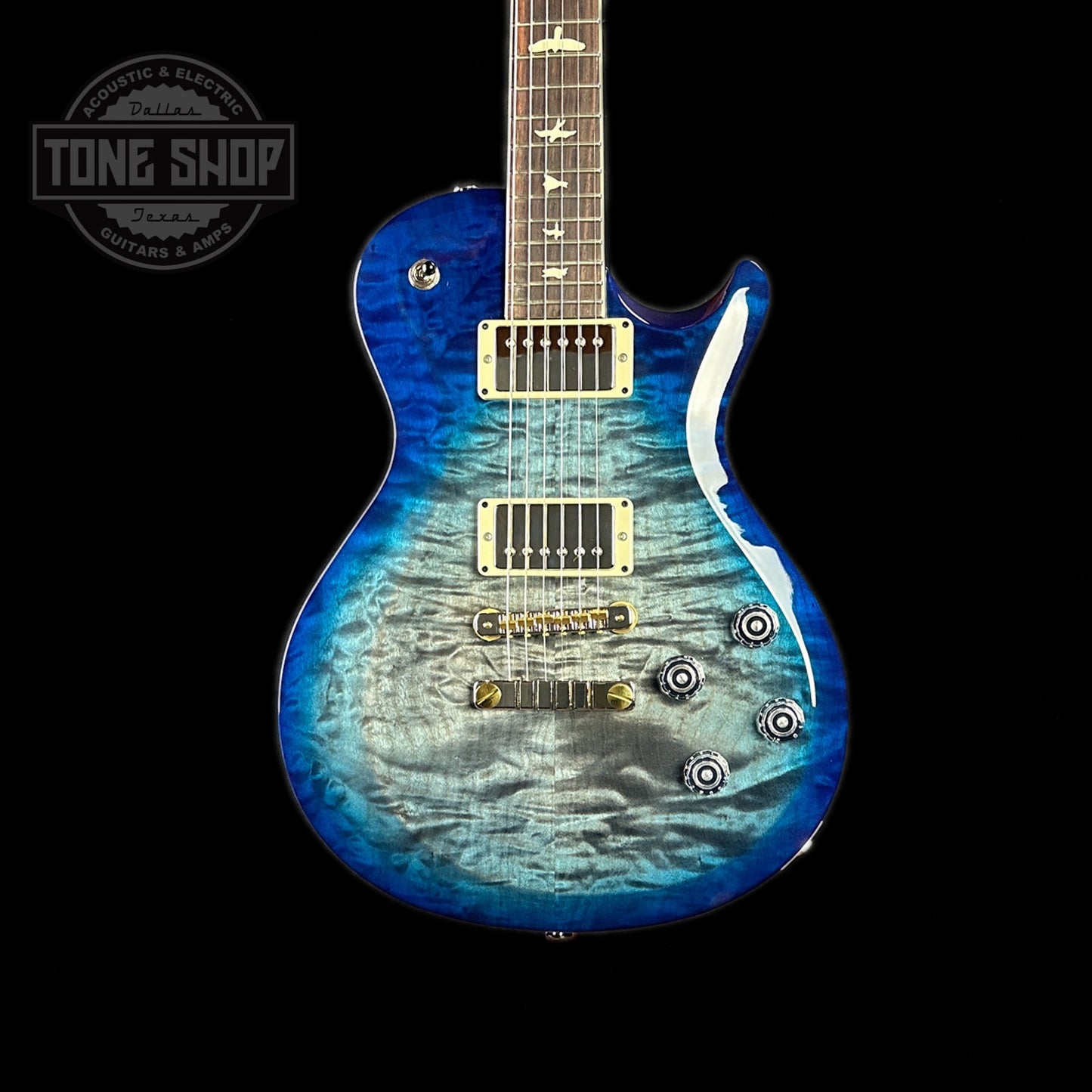 Front of body of PRS Paul Reed Smith S2 McCarty 594 Singlecut Quilt Faded Gray Black Blue Burst.