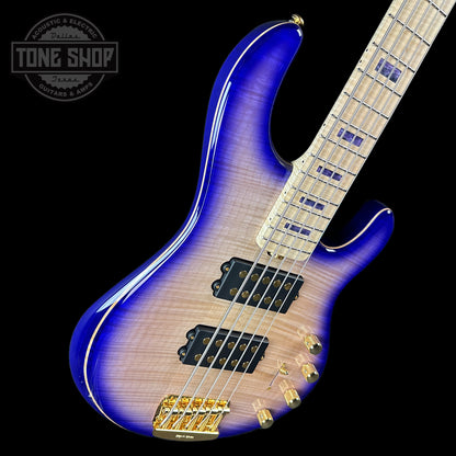 Front angle of Ernie Ball Music Man BFR "Moonbeam" StingRay Special 5 HH 5-String Bass Figured White Maple Fretboard Trans Purple Burst.