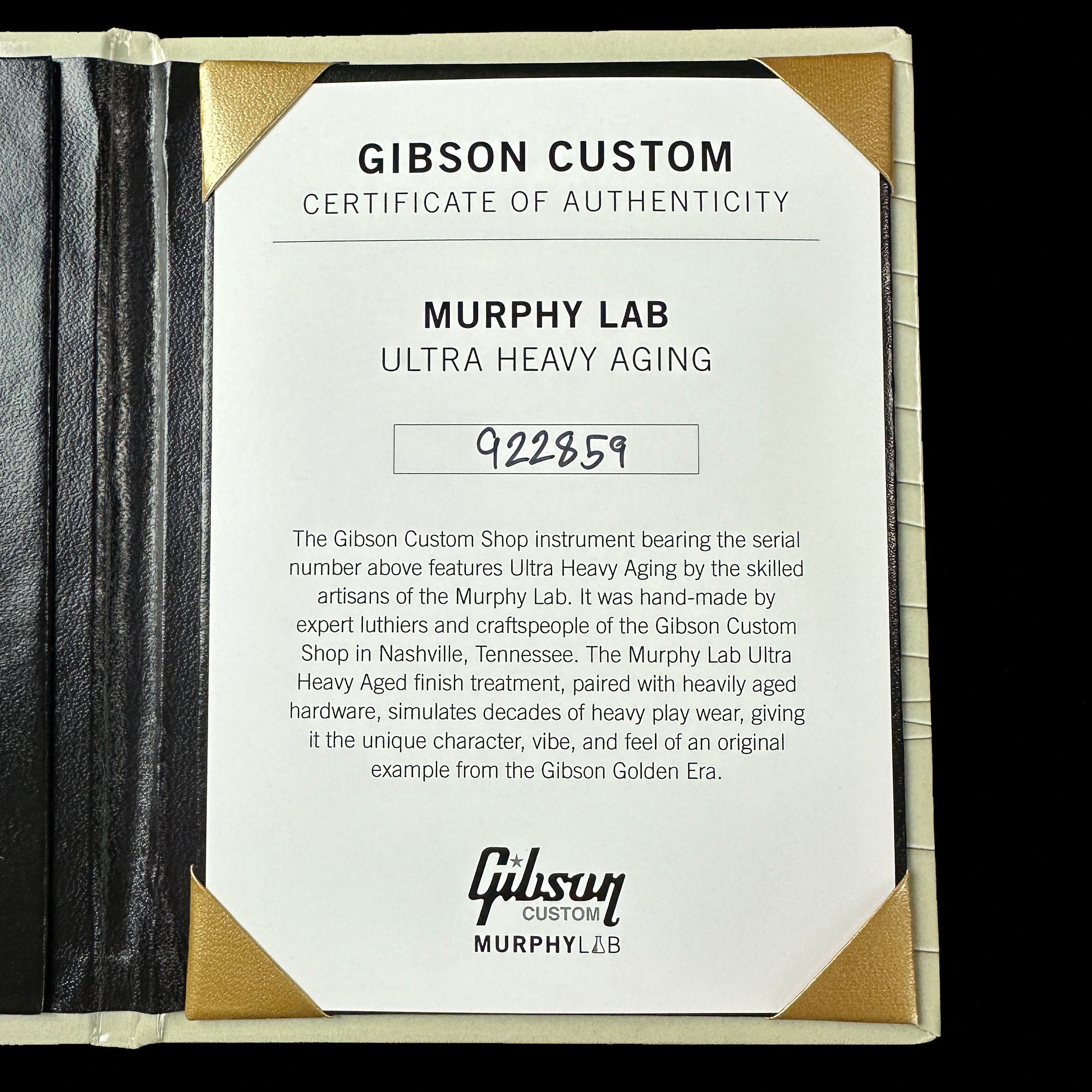 Certificate of authenticity for Gibson Custom Shop Murphy Lab 1959 Les Paul Standard Ultra Heavy Aged Lemon Burst.