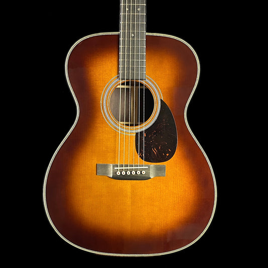 Front of body of Martin Custom Shop 28 Style OM Adirondack/WEIR 1933 Ambertone.