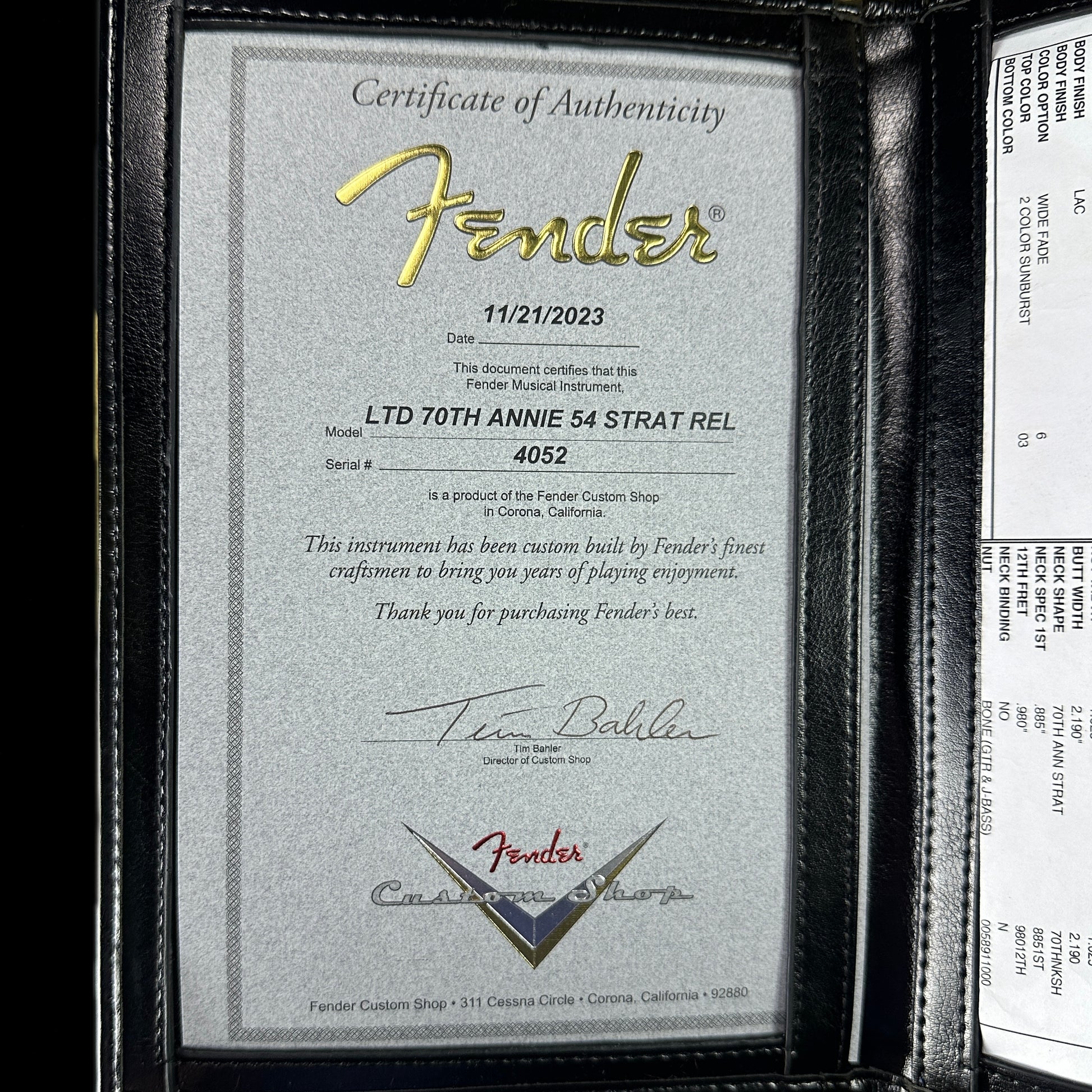 Certificate of authenticity for Fender Custom Shop LTD 70th Anniversary 1954 Stratocaster Relic 2-Color Sunburst.