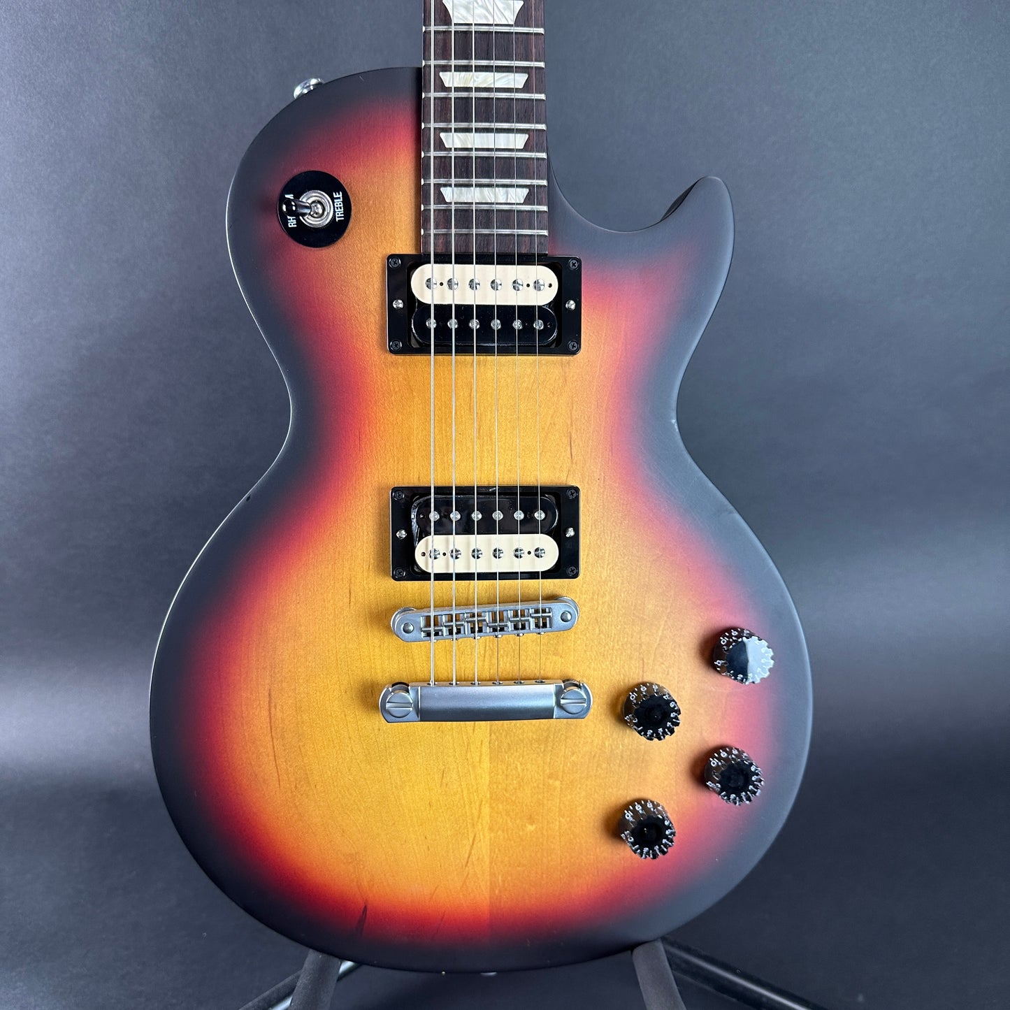 Front of Used Gibson Les Paul LPJ 120th Anniversary Sunburst.