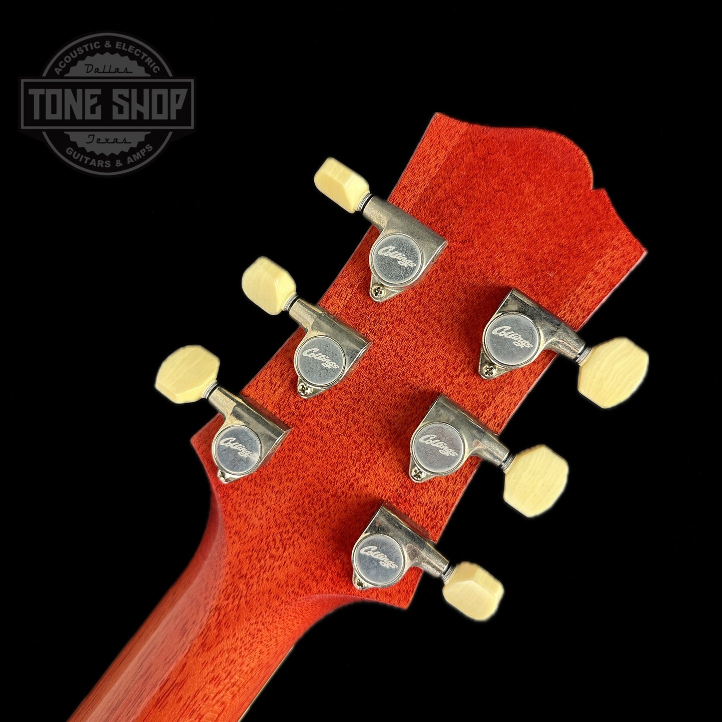 Back of headstock of Collings I35-LC Vintage Faded Cherry.