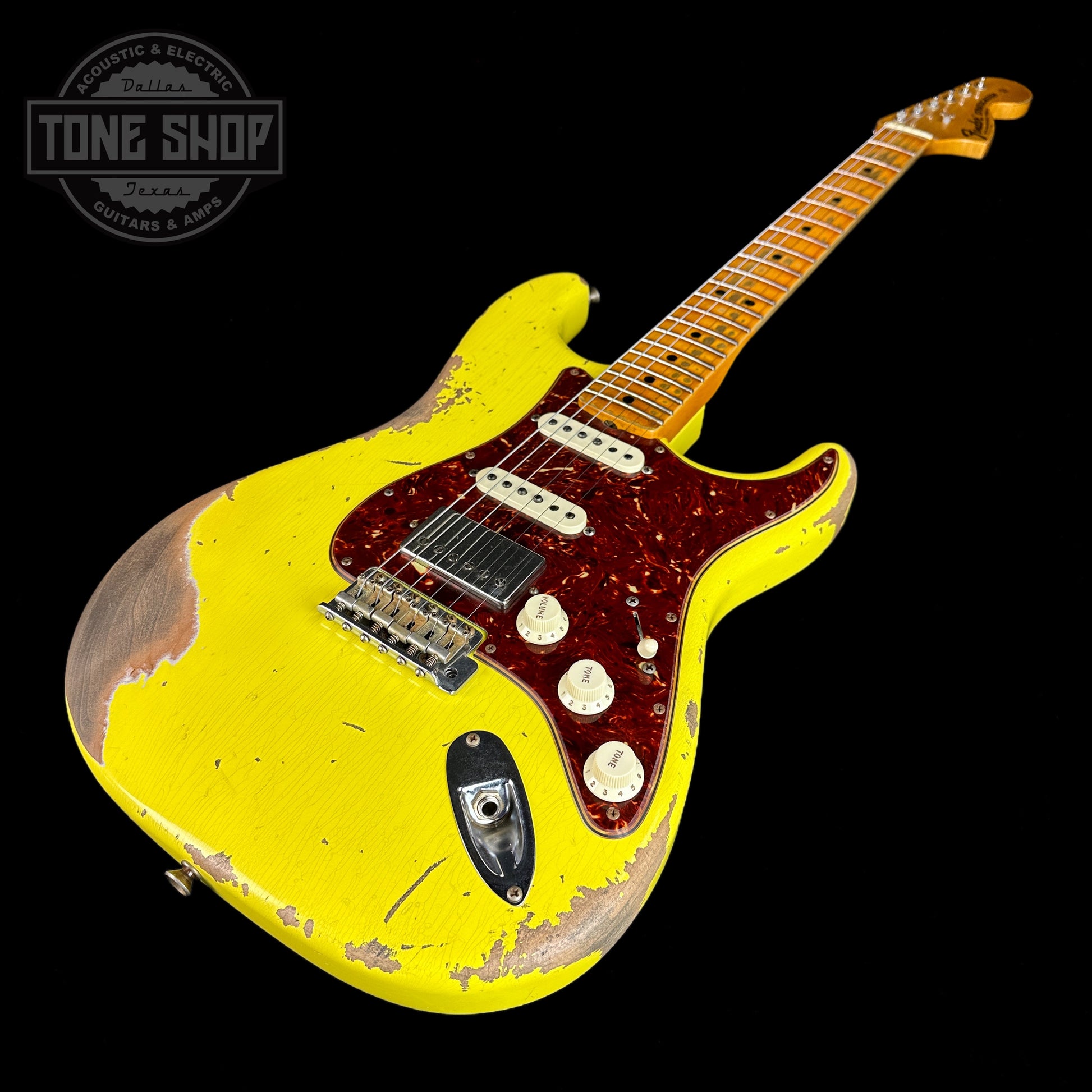 Front angle of Used Fender Custom Shop '69 Strat HSS Graffiti Yellow Heavy Relic.