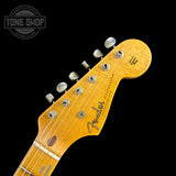 Front of headstock of Fender Custom Shop LTD 70th Anniversary 1954 Stratocaster Journeyman Relic 2-Color Sunburst.