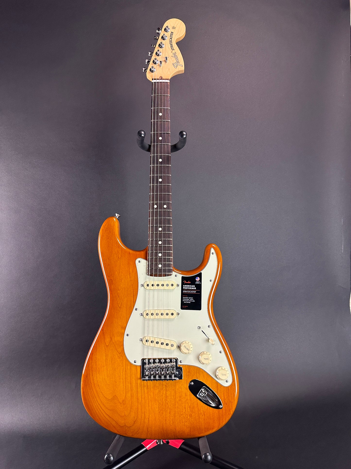 Full front of Used Fender American Performer Stratocaster RW Honey Burst.