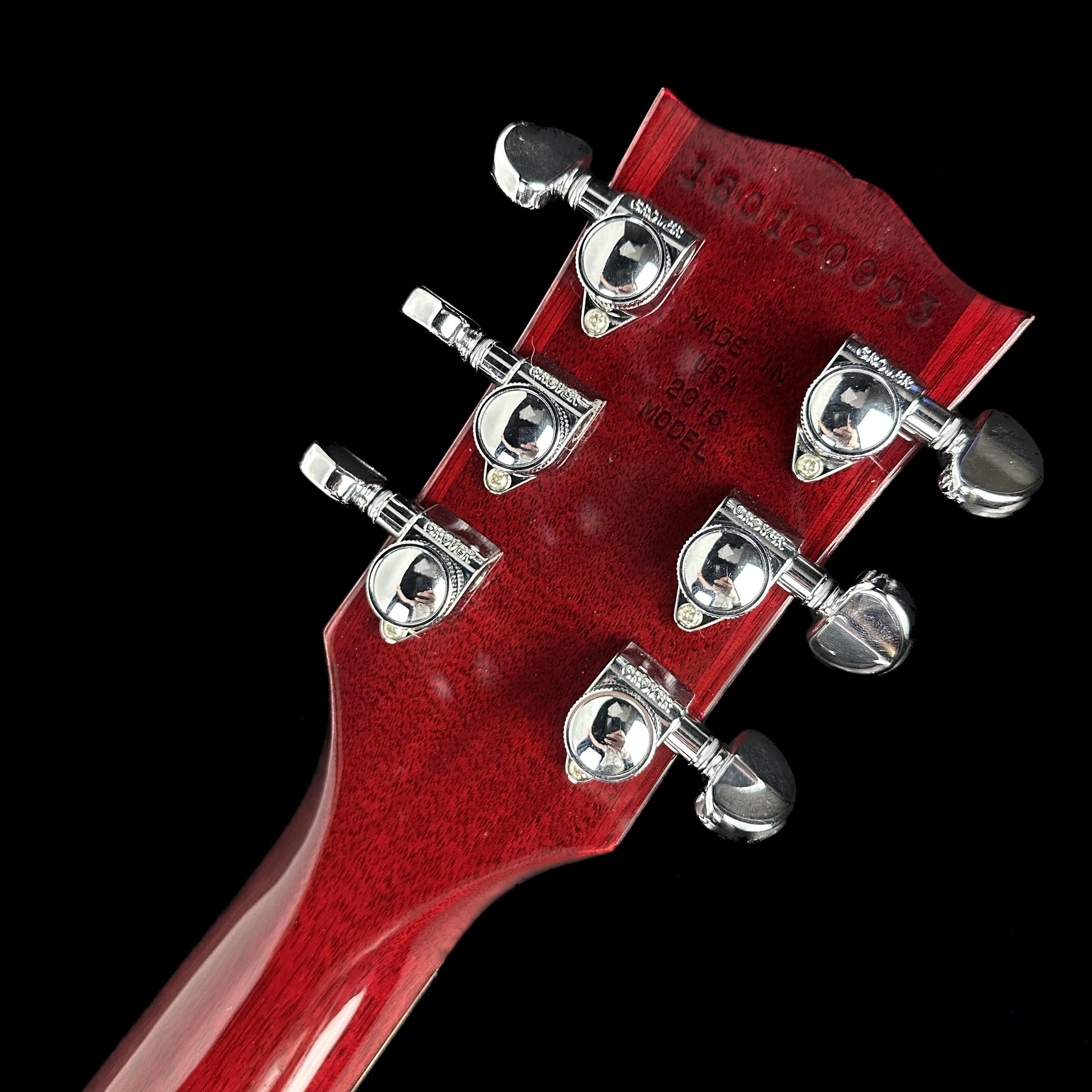 Back of headstock of Used 2012 Gibson Les Paul Double Cutaway Wine Red.