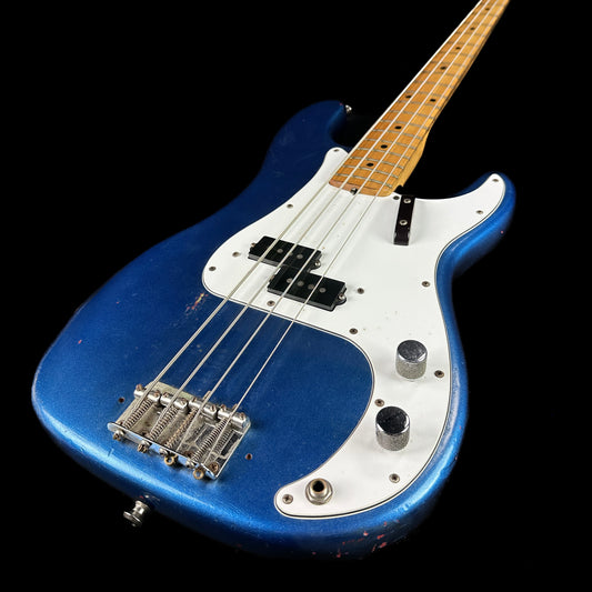 Front angle of Used 1972 Fender Precision Bass Refinished Blue.