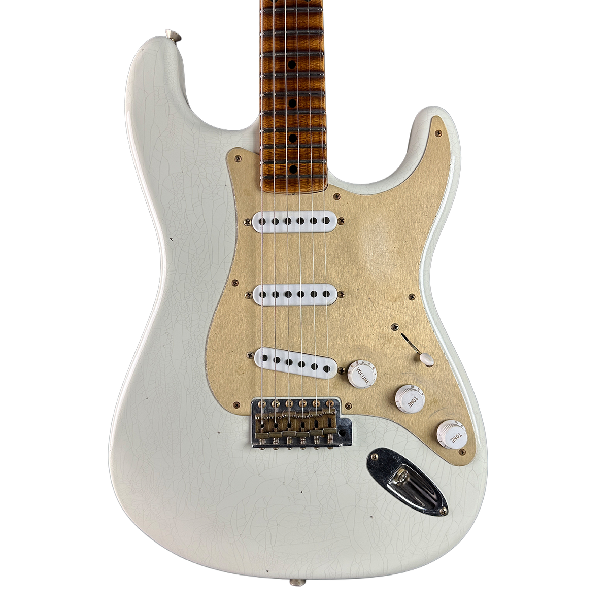Front of Fender Custom Shop Limited Edition Roasted '54 Strat Journeyman Relic '55 Desert Tan.