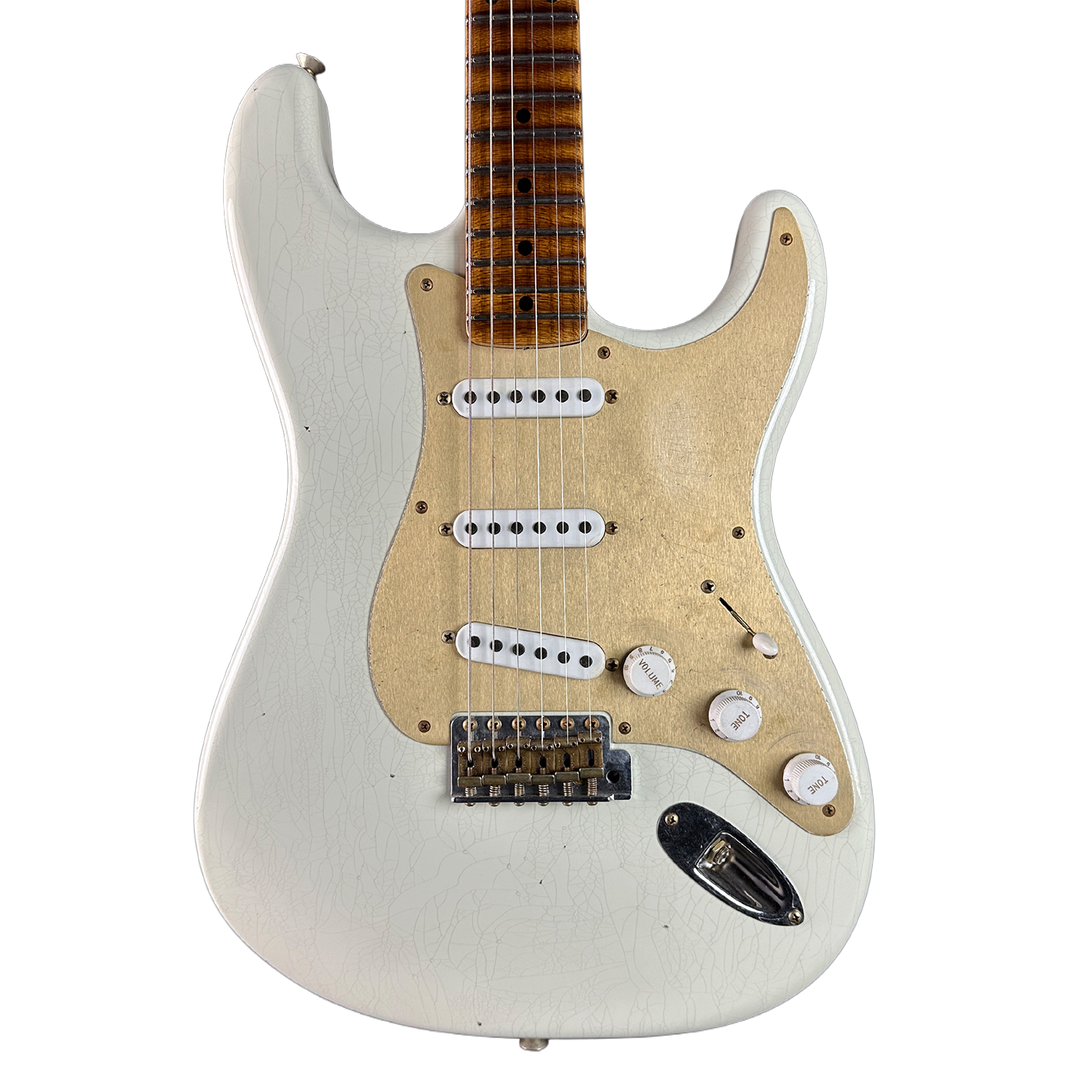 Front of Fender Custom Shop Limited Edition Roasted '54 Strat Journeyman Relic '55 Desert Tan.