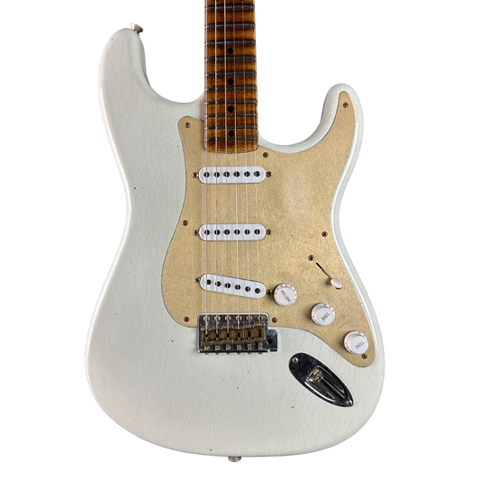 Front of Fender Custom Shop Limited Edition Roasted '54 Strat Journeyman Relic '55 Desert Tan.