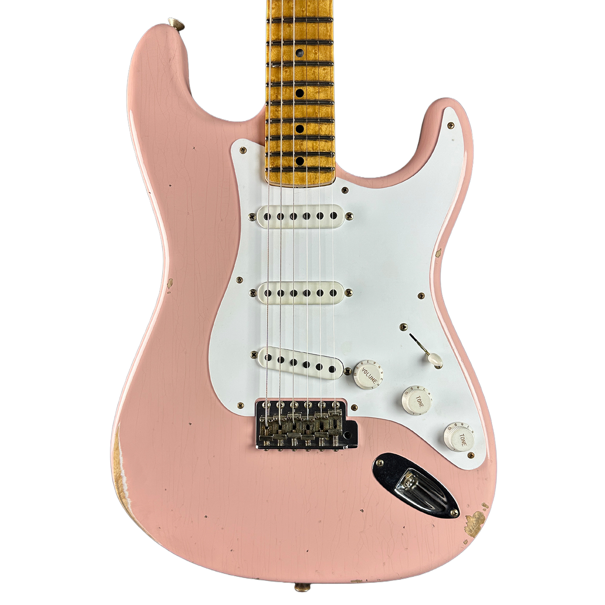 Front of Fender Custom Shop 70th Anniversary 1954 Stratocaster Relic Shell Pink.