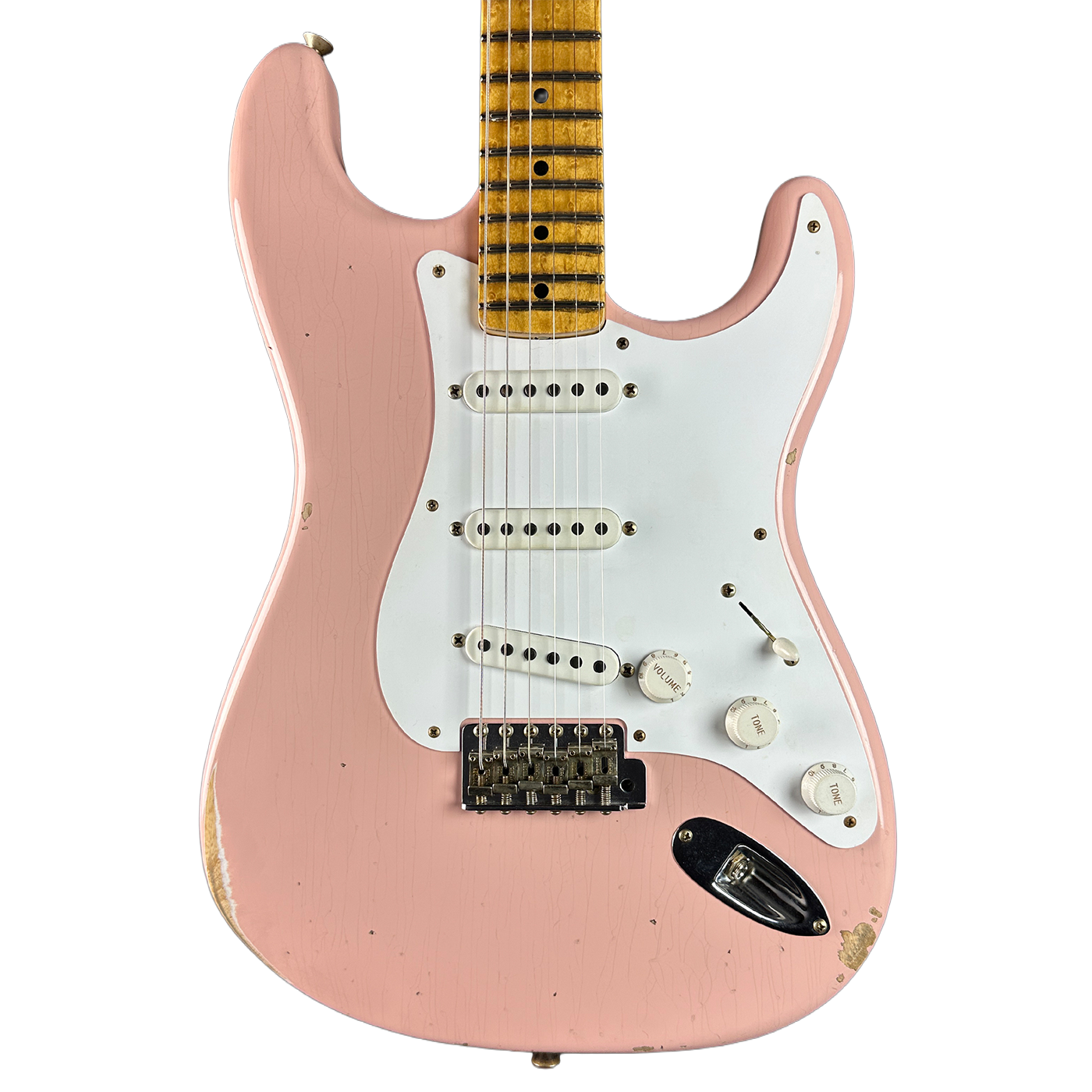 Front of Fender Custom Shop 70th Anniversary 1954 Stratocaster Relic Shell Pink.