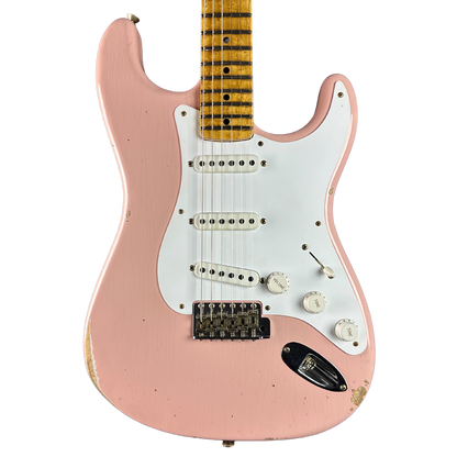 Front of Fender Custom Shop 70th Anniversary 1954 Stratocaster Relic Shell Pink.