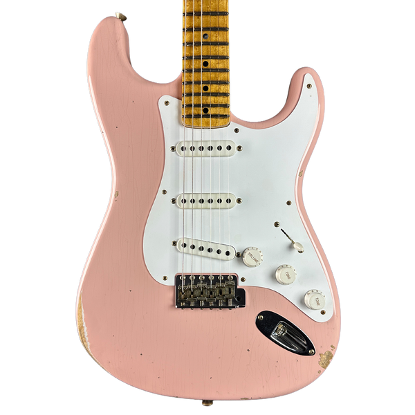 Front of Fender Custom Shop 70th Anniversary 1954 Stratocaster Relic Shell Pink.