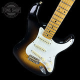Front angle of Fender 1956 Stratocaster Journeyman Relic Maple Neck Wide-Fade 2-Color Sunburst.
