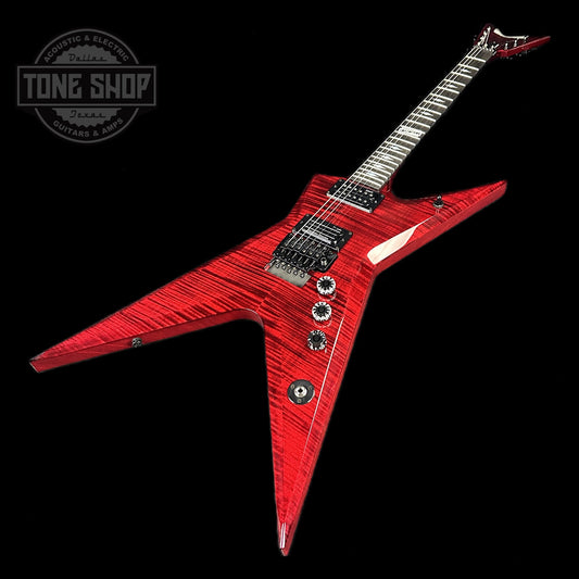 Front angle of Dean USA Dime Stealth Floyd Flame Top Trans Red.