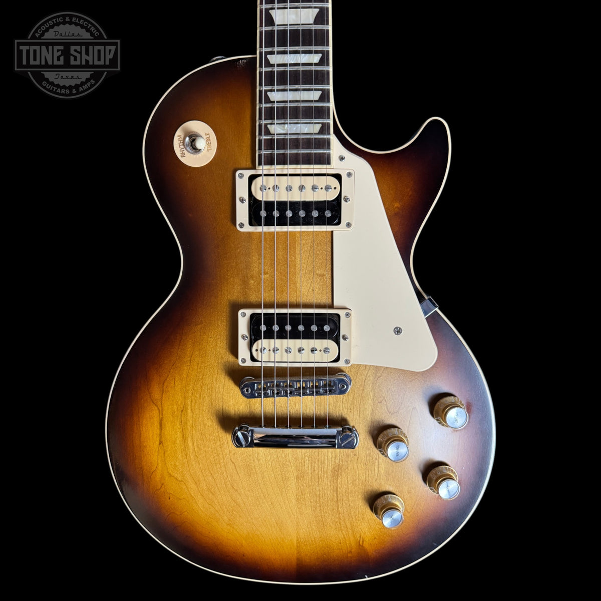 Front of Used 2022 Gibson Les Paul Traditional Pro V Satin Desert Burst.