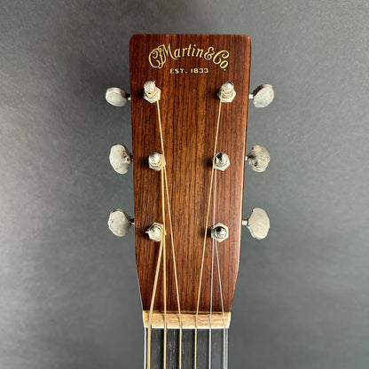 Front of headstock of Used Martin Custom Shop D-28 Authentic 1937 Vintage Low Gloss w/Stage 1 Aging.
