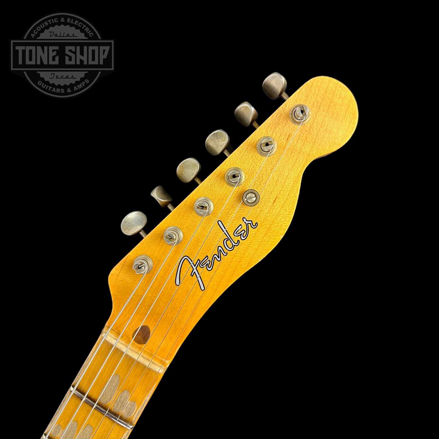 Front of headstock of Fender Custom Shop 2023 Collection Ltd Nocaster Thinline Relic Aged Nocaster Blonde.