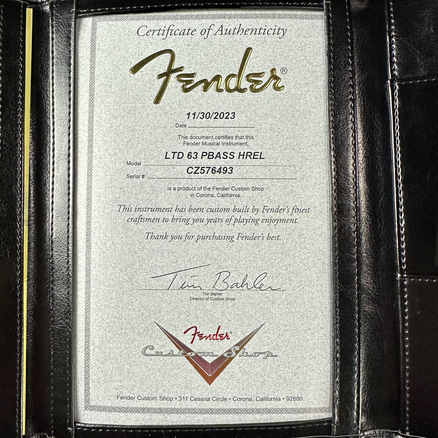 Certificate of authenticity for Fender Custom Shop Limited Edition '63 Precision Bass Heavy Relic Faded Aged 3 Color Sunburst.
