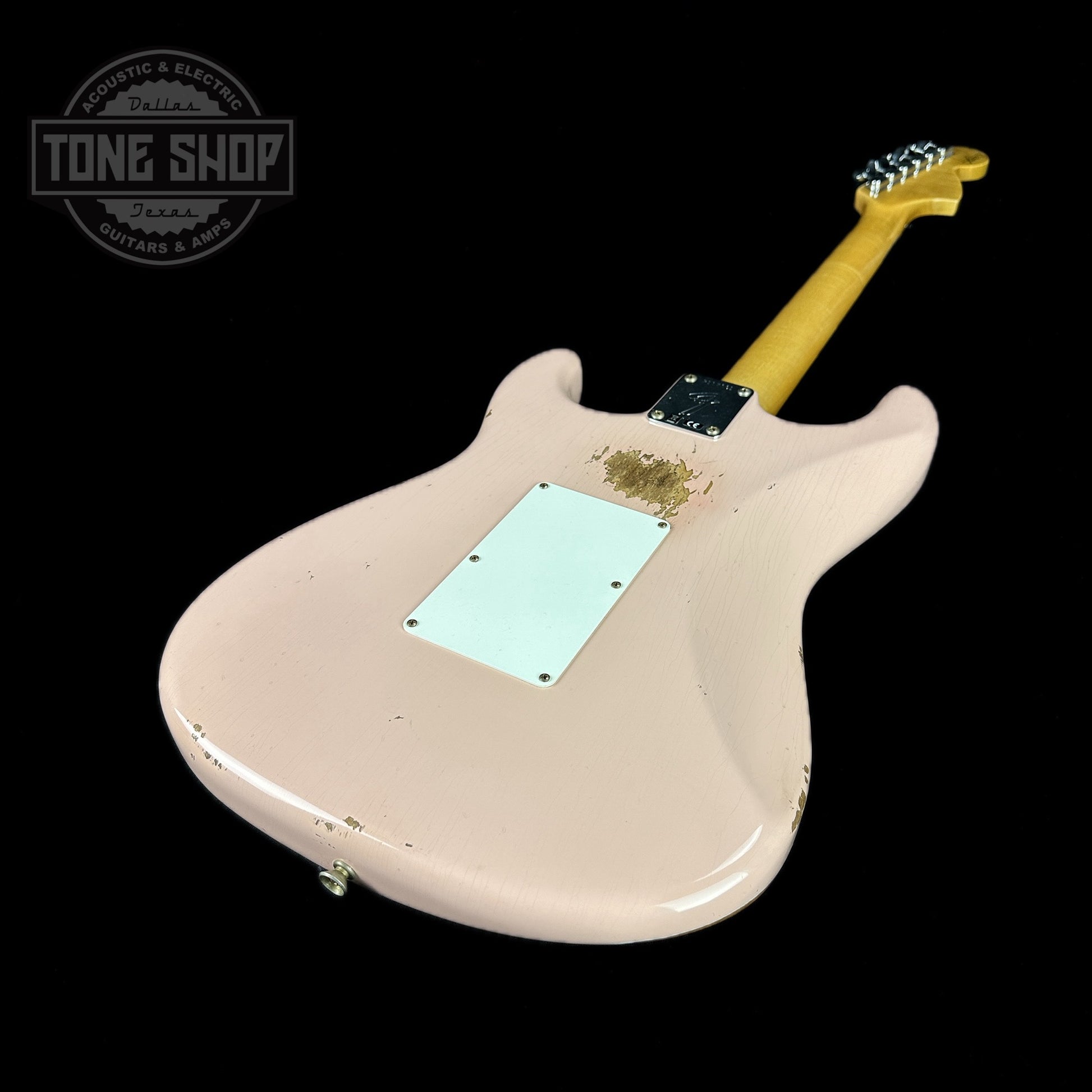 Back angle of Fender Custom Shop 69 Stratocaster Relic HSS Shell Pink Reverse Headstock.