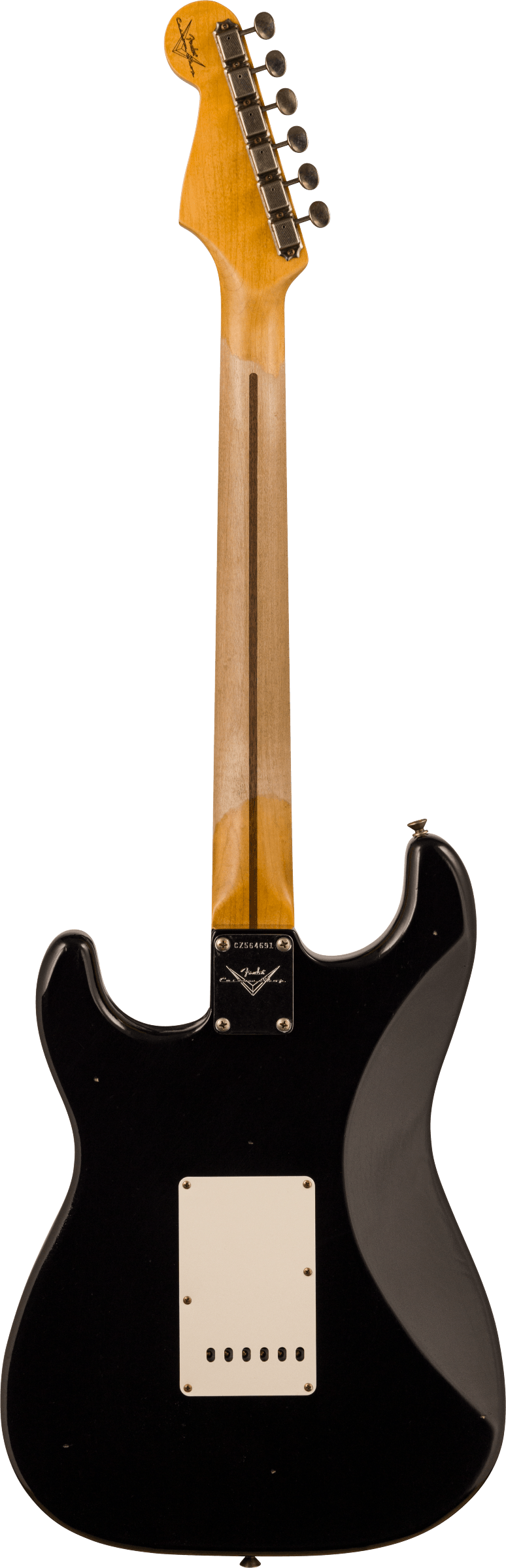 Back of Fender 1956 Stratocaster Journeyman Relic Maple Neck Aged Black.