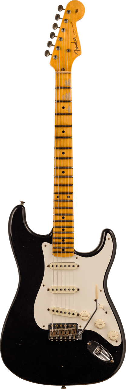 Full frontal of Fender 1956 Stratocaster Journeyman Relic Maple Neck Aged Black.