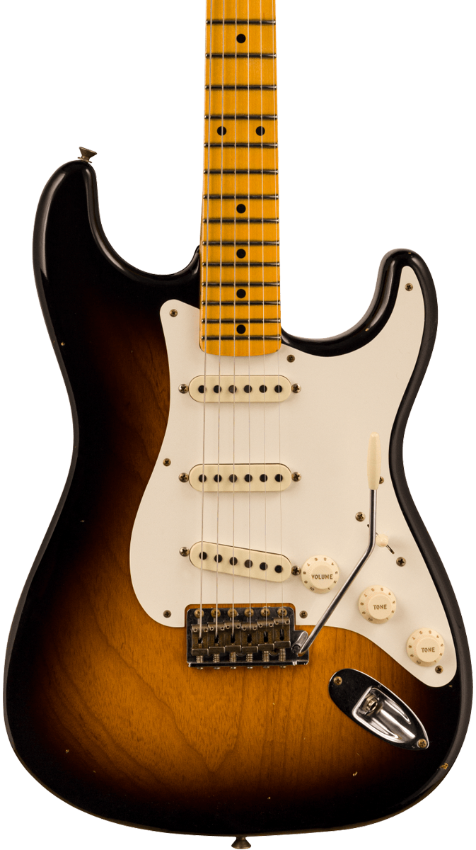 Front of Fender 1956 Stratocaster Journeyman Relic Maple Neck Wide-Fade 2-Color Sunburst.