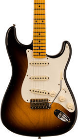 Front of Fender 1956 Stratocaster Journeyman Relic Maple Neck Wide-Fade 2-Color Sunburst.