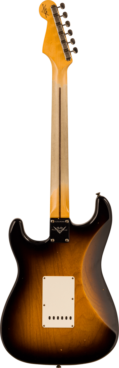 Back of Fender 1956 Stratocaster Journeyman Relic Maple Neck Wide-Fade 2-Color Sunburst.
