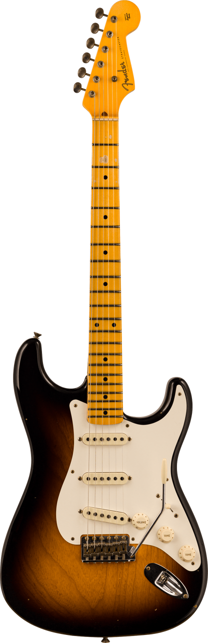 Full frontal of Fender 1956 Stratocaster Journeyman Relic Maple Neck Wide-Fade 2-Color Sunburst.
