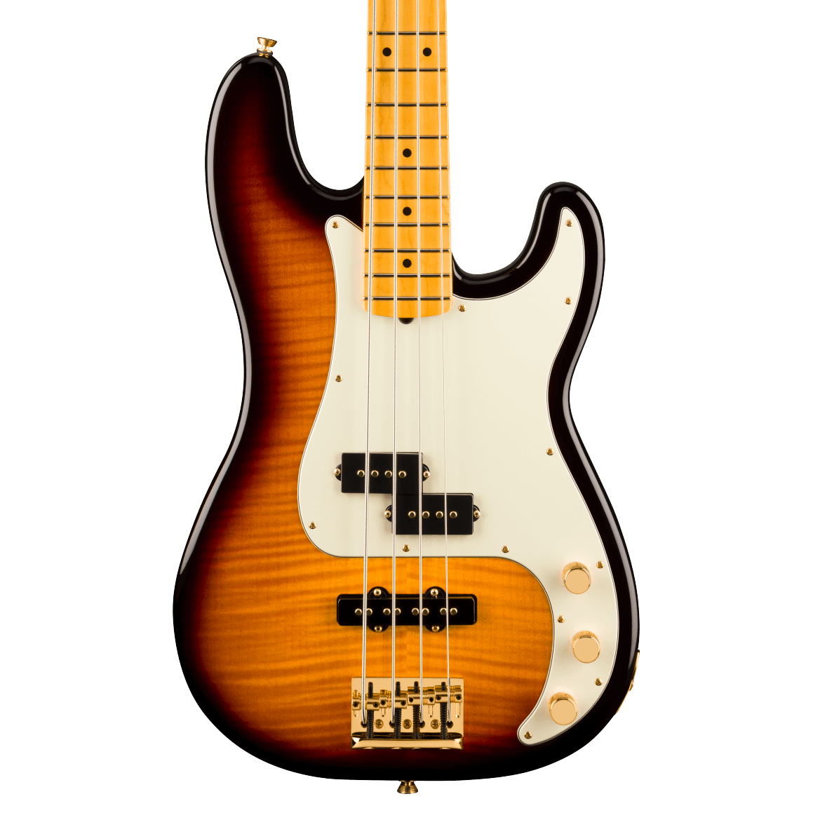 Front of Fender 75th Anniversary American Professional II PJ Bass Rosewood 2-Color Sunburst.