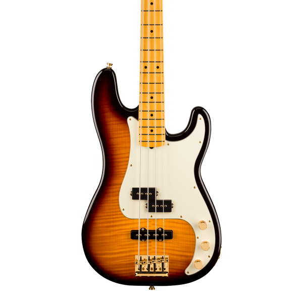 Front of Fender 75th Anniversary American Professional II PJ Bass Rosewood 2-Color Sunburst.