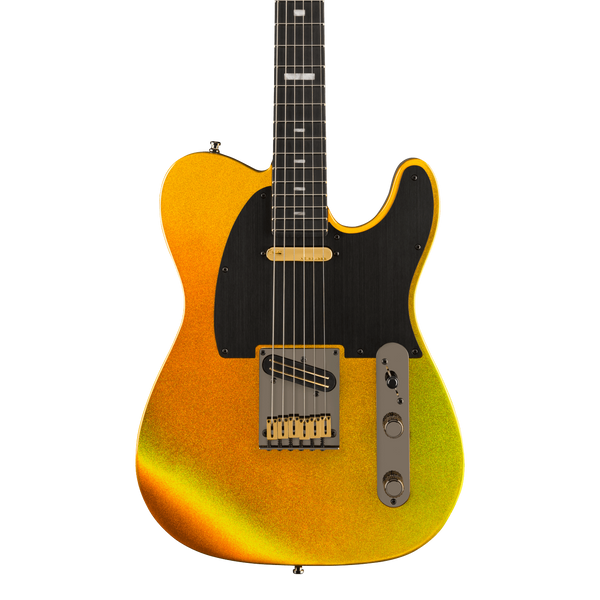 Front of Fender 75th Anniversary American Ultra II Telecaster Ebony Liquid Gold.