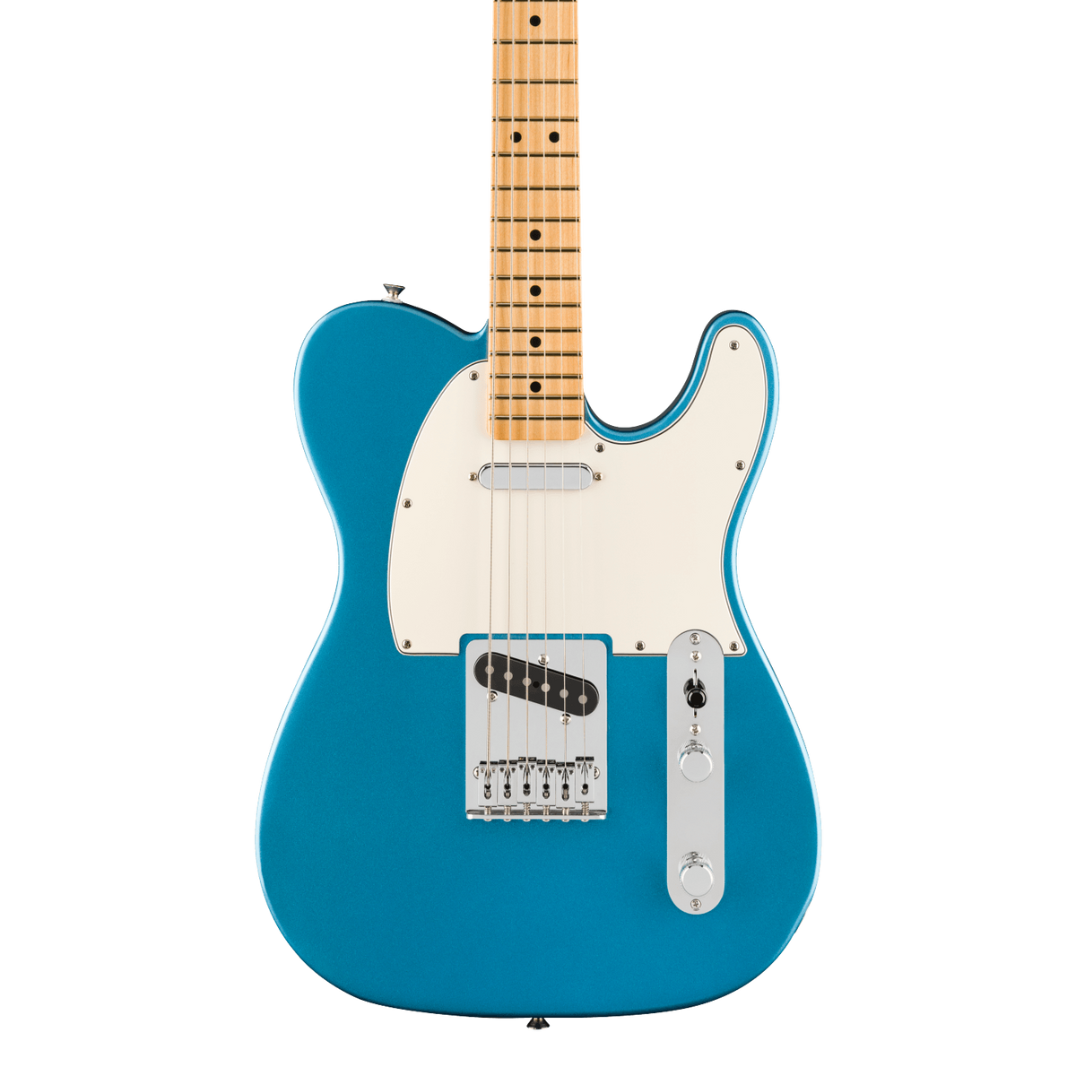 Front of Fender 75th Anniversary Player II Baritone Telecaster Maple Lake Placid Blue.