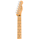 Headstock of Fender 75th Anniversary Player II Baritone Telecaster Maple Lake Placid Blue.