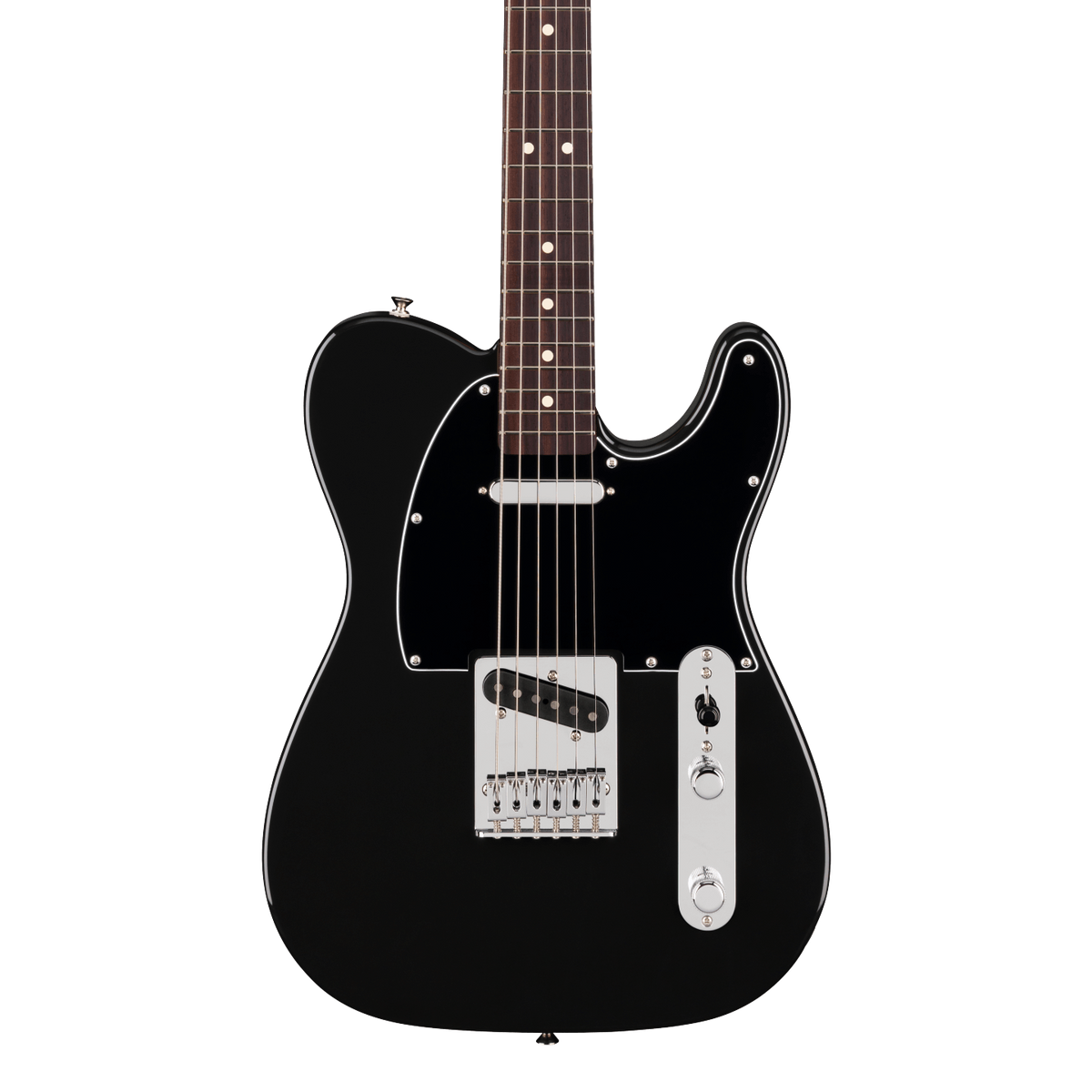 Front of Fender 75th Anniversary Player II Baritone Telecaster Rosewood Black.