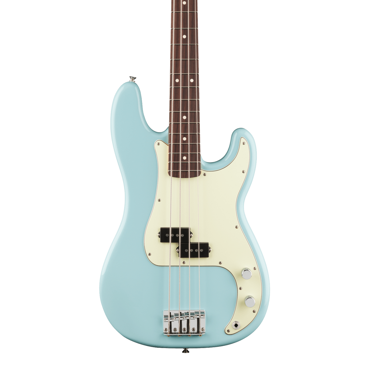 Front of Fender 75th Anniversary Player II Precision Bass Rosewood Daphne Blue.