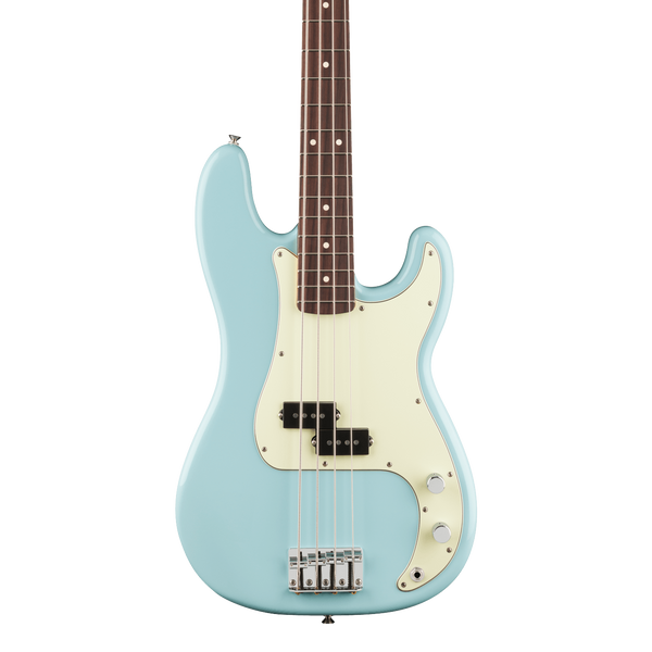 Front of Fender 75th Anniversary Player II Precision Bass Rosewood Daphne Blue.