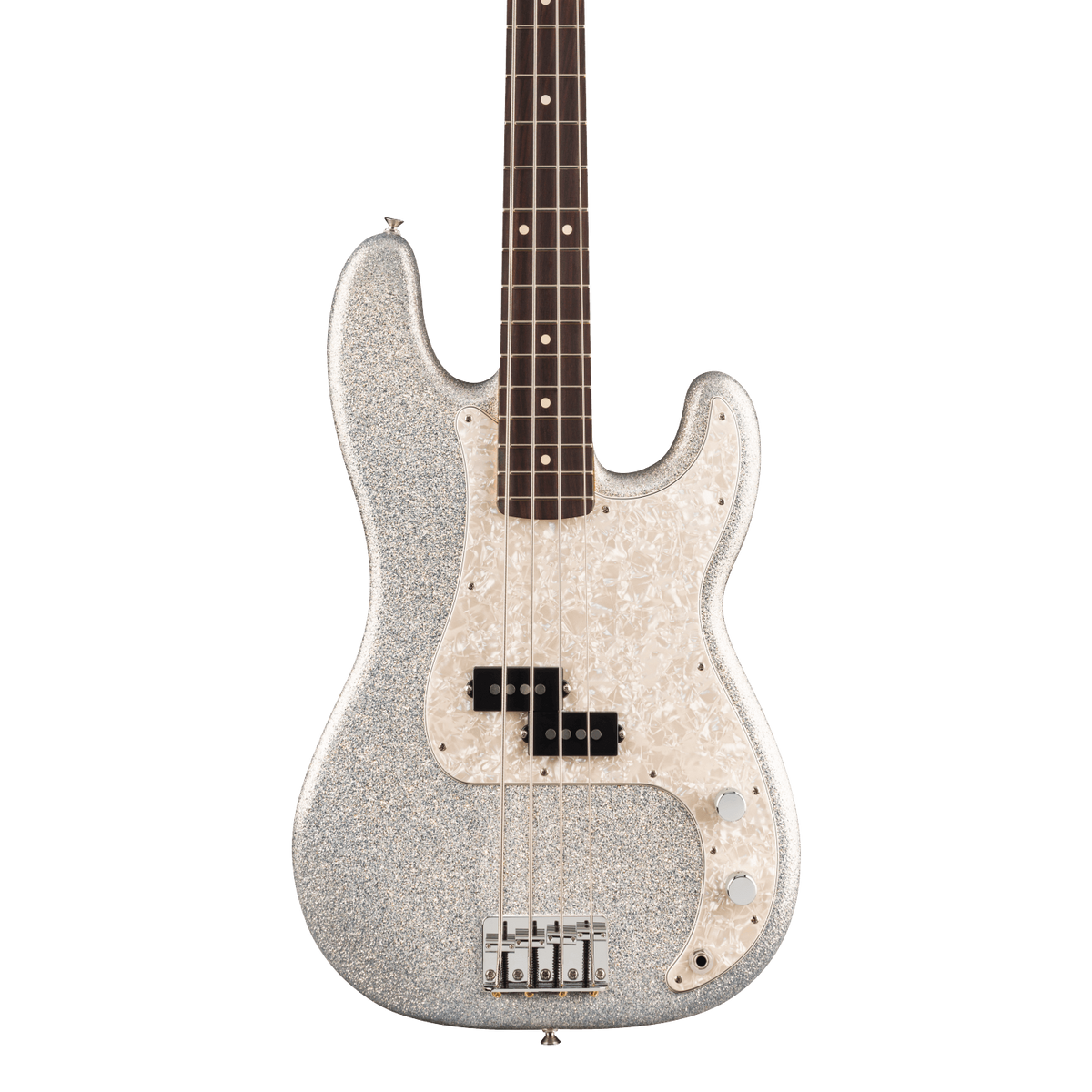 Front of Fender 75th Anniversary Player II Precision Bass Rosewood Diamond Dust Sparkle.